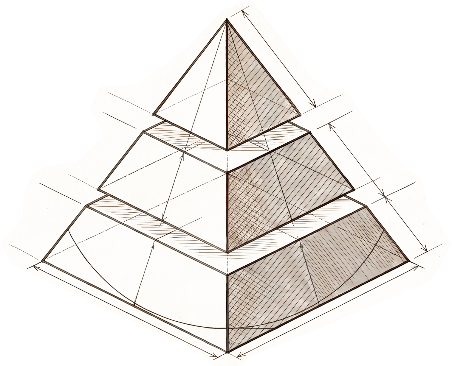 Hand-drawn isometric diagram of a three-tier pyramid