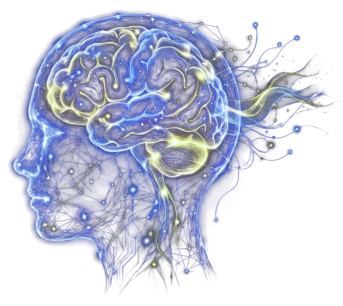Illustration of a human head with a glowing neural network brain