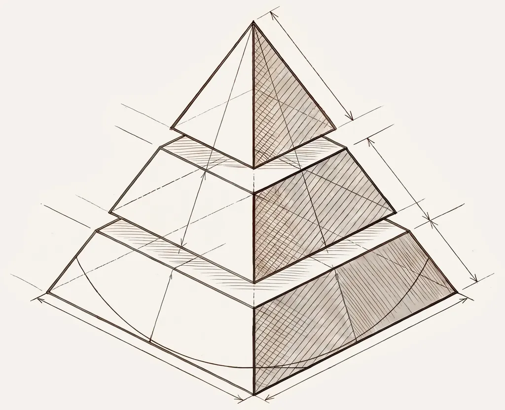 Hand-drawn isometric diagram of a three-tier pyramid